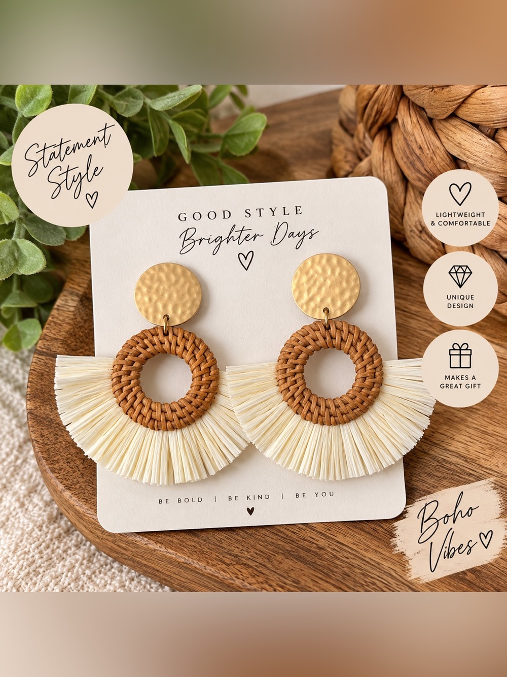 Boho Raffia Fan Drop Earrings - White & Tan